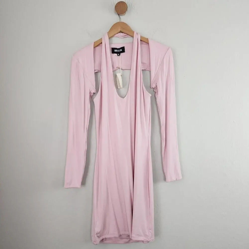 SER.O.YA Lana Two Piece Dress Set Pink Halter Mini Shrug NWT Revolve XLarge New